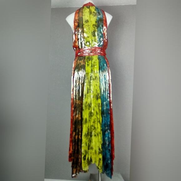 ALICE + OLIVIA Mertie Mock Neck Pleated Silk-Blend Maxi Striped Dress Size 8 - Picture 4 of 16